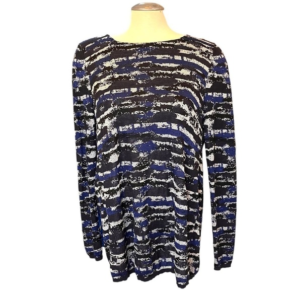 Lafayette 148 Long Sleeve Tunic Jacquard Sweater with Plisse Sheer Back Panel - Picture 2 of 13